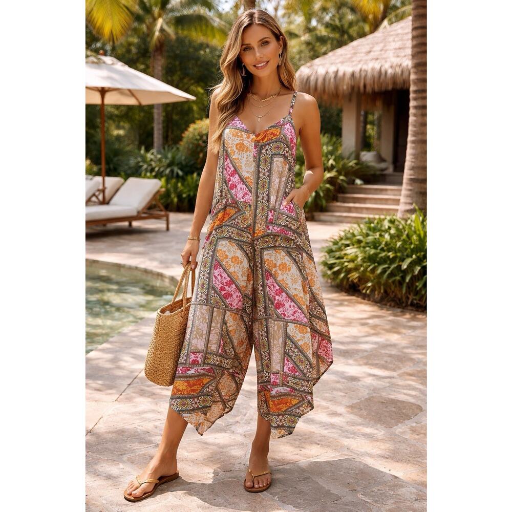 MSK Jumpsuit Patchwork Boho Jumpsuit Wide Leg Asymmetrical Hawaiian Resort M